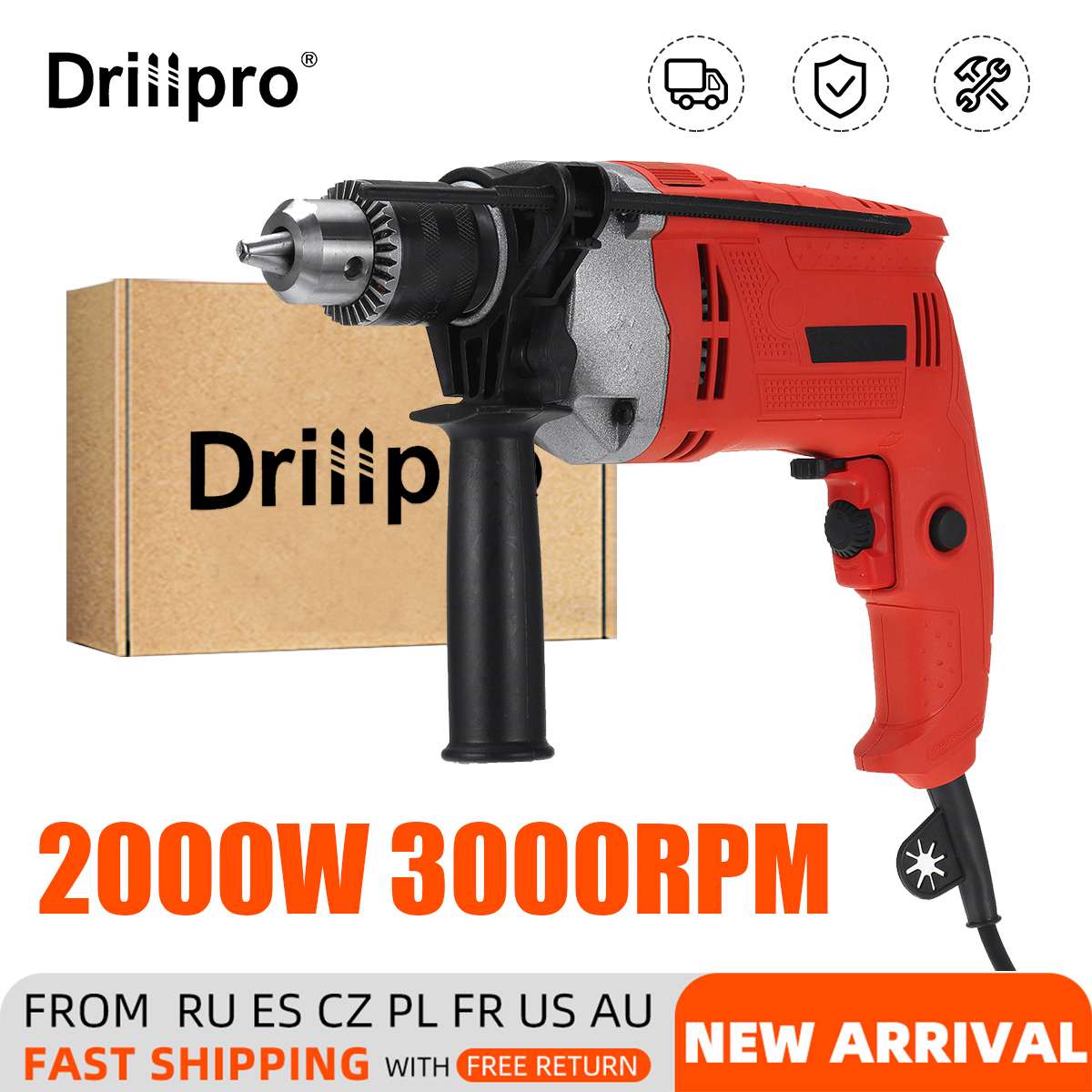 Drillpro 2000W 3000RPM 220V Electric Handheld Impact Drill Flat Drill Guns Hand Drills Torque Driver with Wrench Measuring Scale