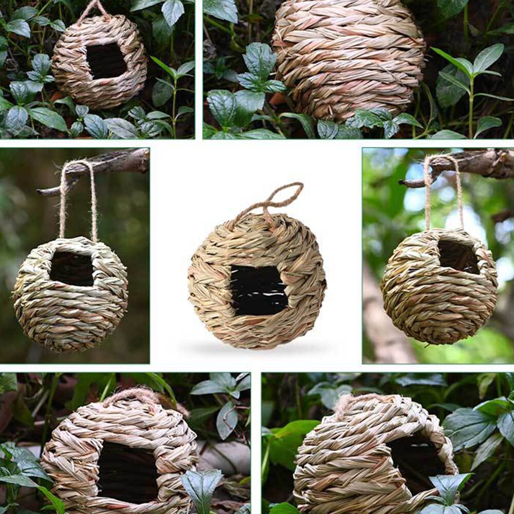 Casa de pajita tejida hecha a mano, Nido de Pájaro de forma redonda, artesanía para patio al aire libre, jaula tejida a mano para cría de pájaros