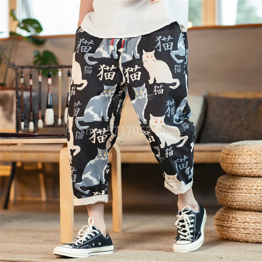 Mænd japansk vintage stil dejligt print kimono kat bukser samurai haori haram bukser harajuku asiatisk tøj yukata