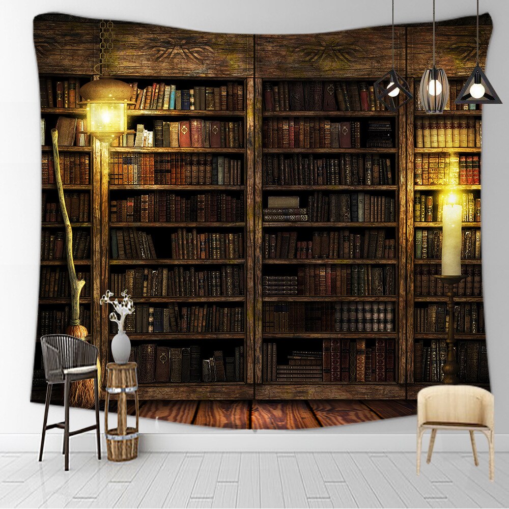 Bibliotek bok stor retro bild nattlampa gotisk barock rokokostil hängande trippy gobeläng väggdekor säng vardagsrum sovsal: 2 / 150cm x 200cm