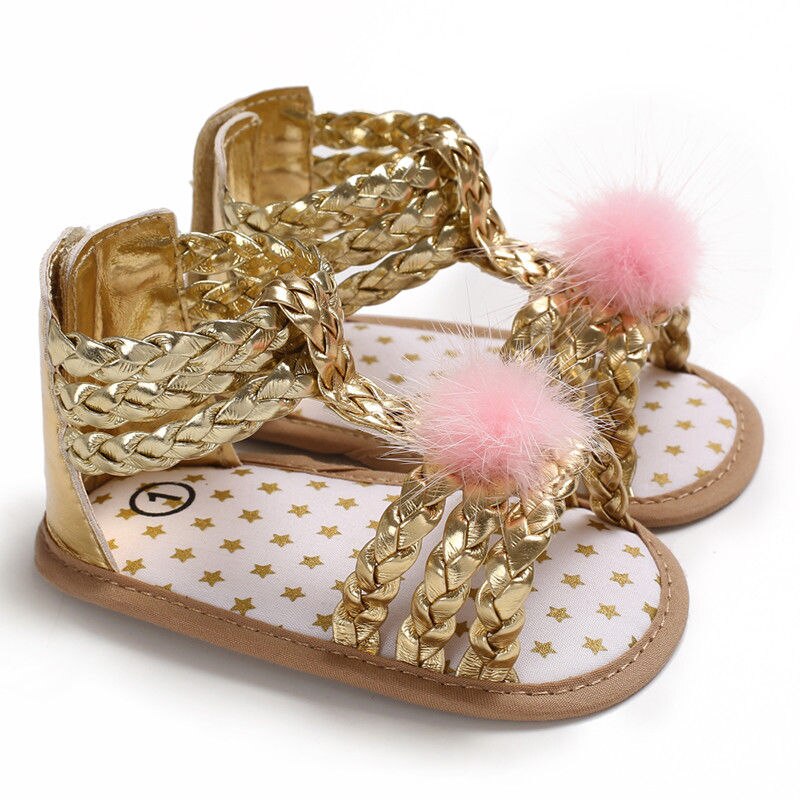 Summer Newborn Baby Sandals Cute Sweet Princess Ball Little Girls Toddler Soft Crib Shoes Sandals Anti-slip Prewalker Clogs: Gold / 0-6 Months