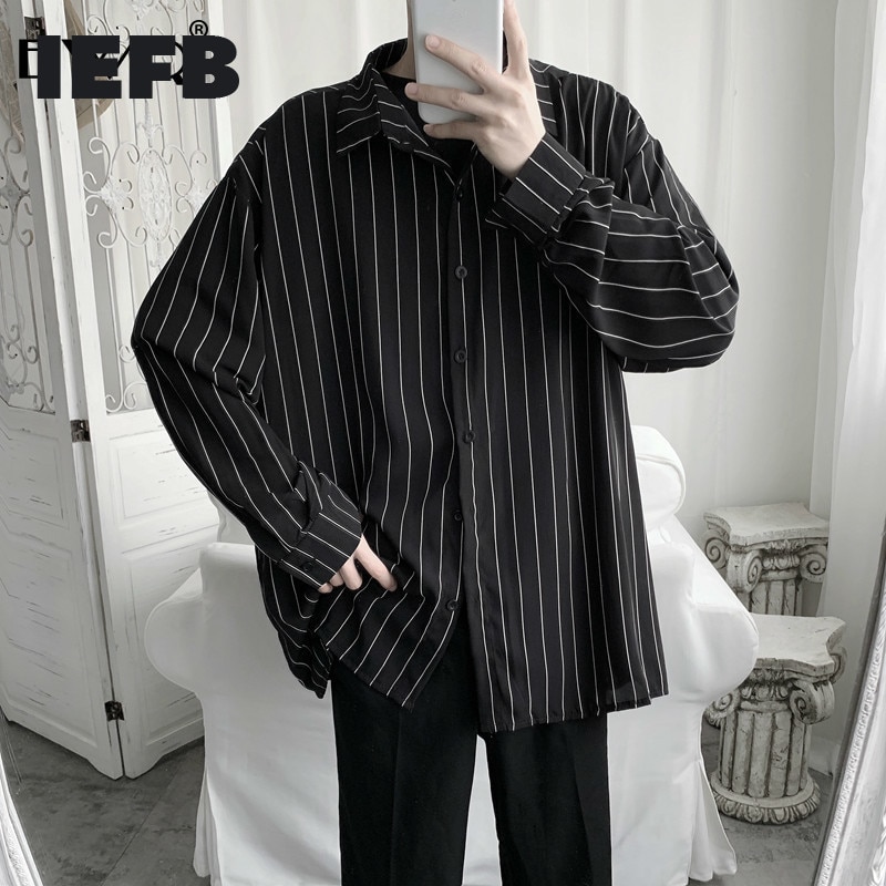 Iefb herr randiga skjortor höst herr långärmad lös skjorta herr oversized toppskjorta solskyddskläder  hd371