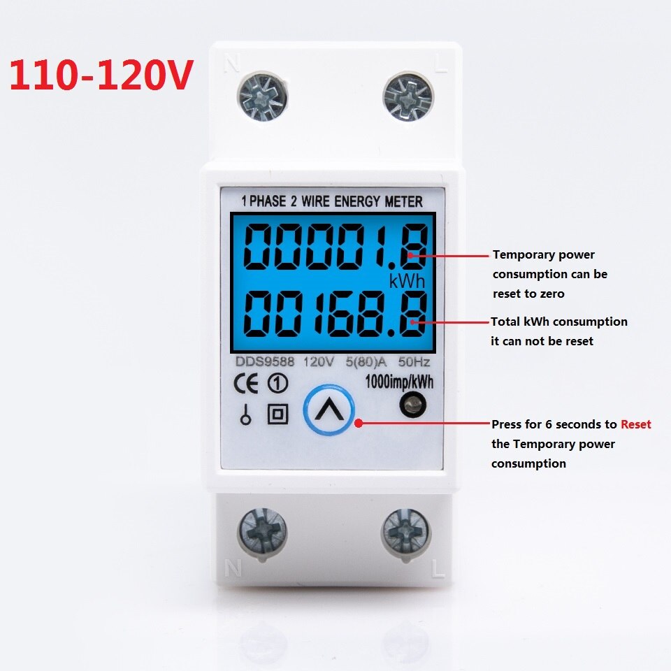 110V-120V 50/60Hz 5(80) een Digitale Wattmeter Ac Power Energy Meter Din Rail Kwh Spanning Stroom Teller Met Reset Functie