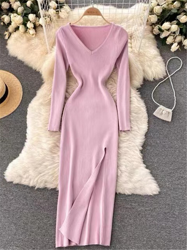 REALEFT Otoño Invierno francés Sexy hendidura suéter de las mujeres vestido femenino con cuello en V ajustado vestidos envolventes 2023: S / Rosa