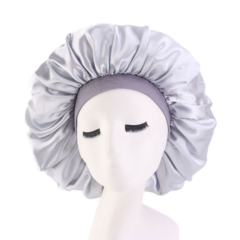 dama dormir sombrero de gran tamaño de copa banda elástica de seda sintética de Color sólido tapa de cuidado del cabello D08E