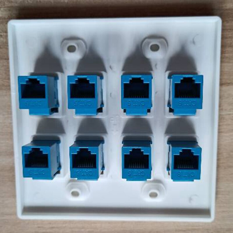 Ethernet Wall Plate 8 Port - Double Gang Cat6 RJ45 Keystone Jack Network Cable Faceplate Female to Female - Blue