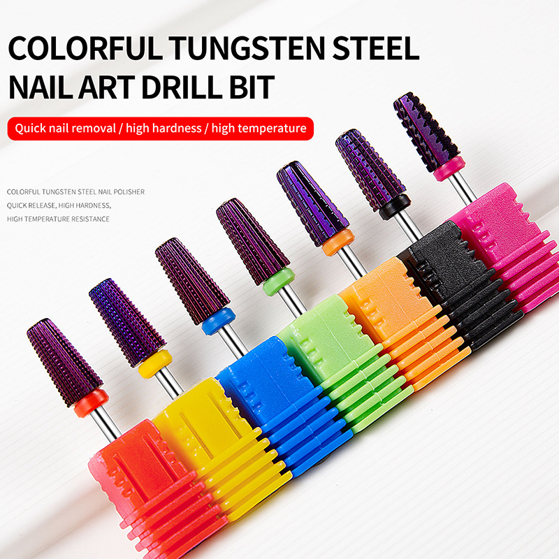 Brocas de carburo de tungsteno chapadas en púrpura para uñas, accesorios de manicura, cortador de fresado, , 5 en 1