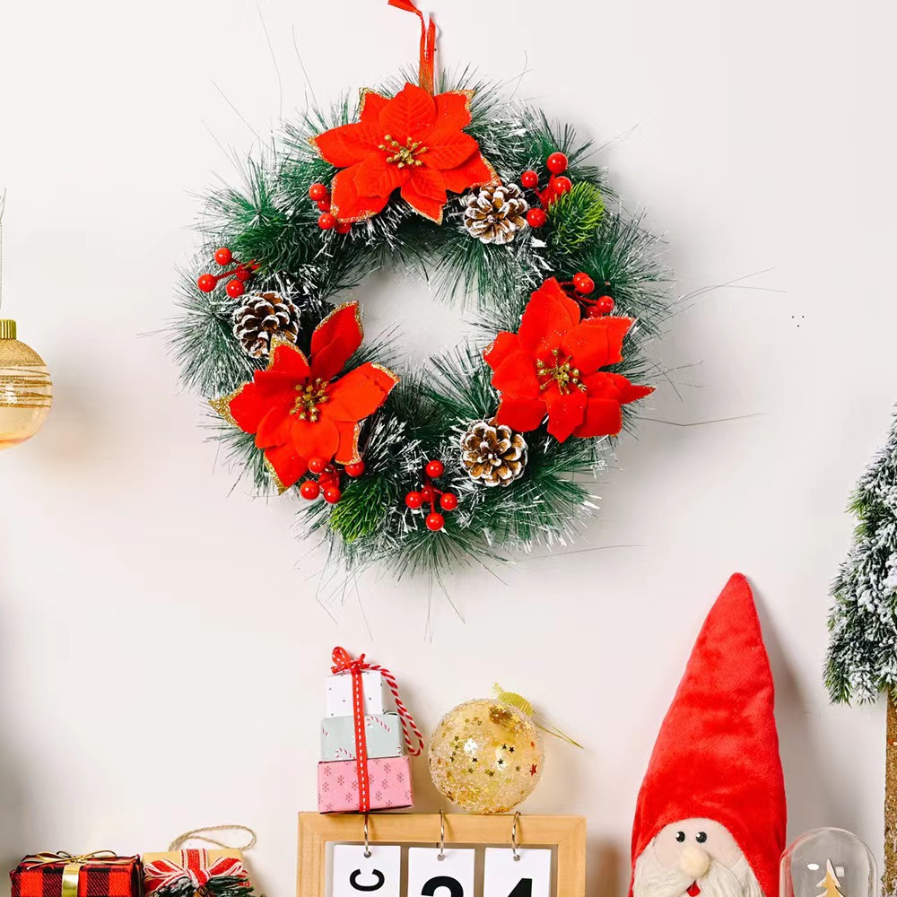 Nueva decoración navideña, corona de simulación de ratán, corona navideña, accesorios de decoración para colgar puertas y ventanas, adornos navideños: Rojo