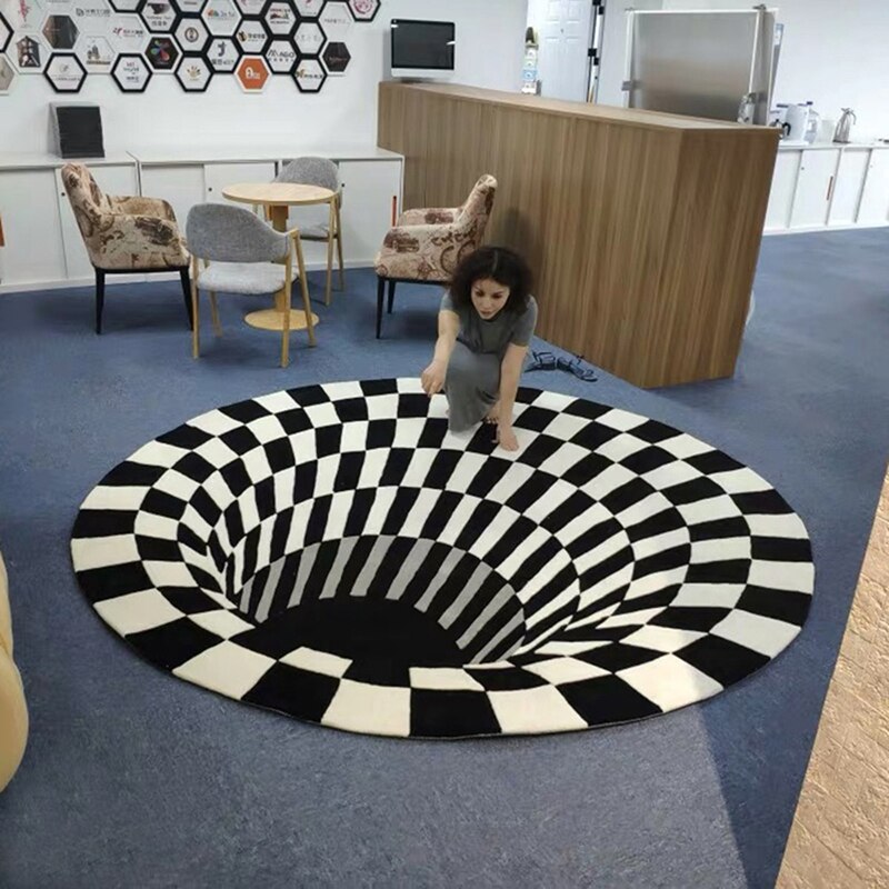 3D Illusion Vortex Swirl Print Optical Illusion Area Rug Black White Bottomless Hole Grid Non-Slip Doormat Mats for Home