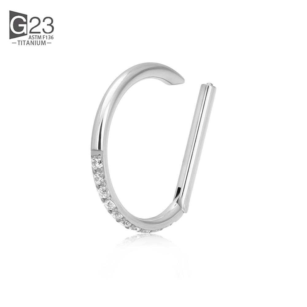 ASTM F-136 anneau de nez en titane Daith coeur boucle d'oreille cerceau Cartilage Tragus D forme Helix anneaux articulé Segment cerceau avec CZ clair: Black / Imitation plaquée rhodium