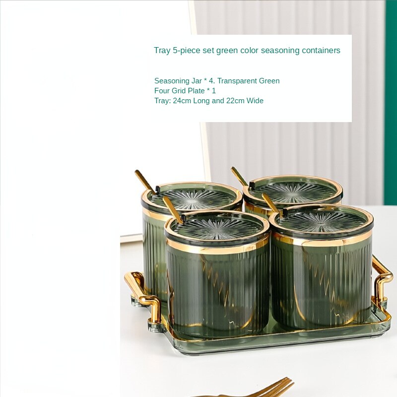 Przezroczysty zestaw pojemników na przyprawy sól pieprz pojemnik na przyprawy kuchnia przyprawa Cruet pojemnik do przechowywania stojak na przyprawy słoik na przyprawy taca: green 4 jars