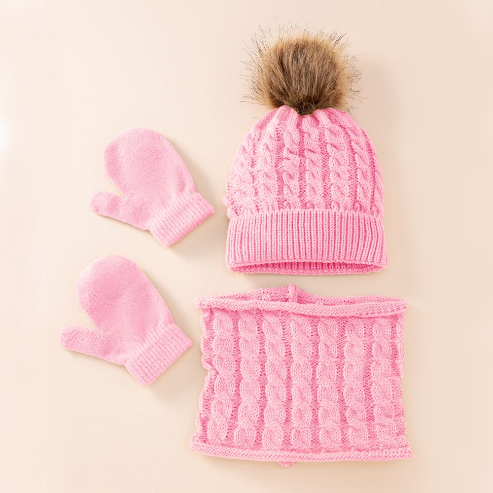 3Pcs/Set Cute Hat Scarf Gloves Set Solid Color Cotton Caps Winter Warm Accessories For Kids 0-3 Years Boys Girls Children: pink