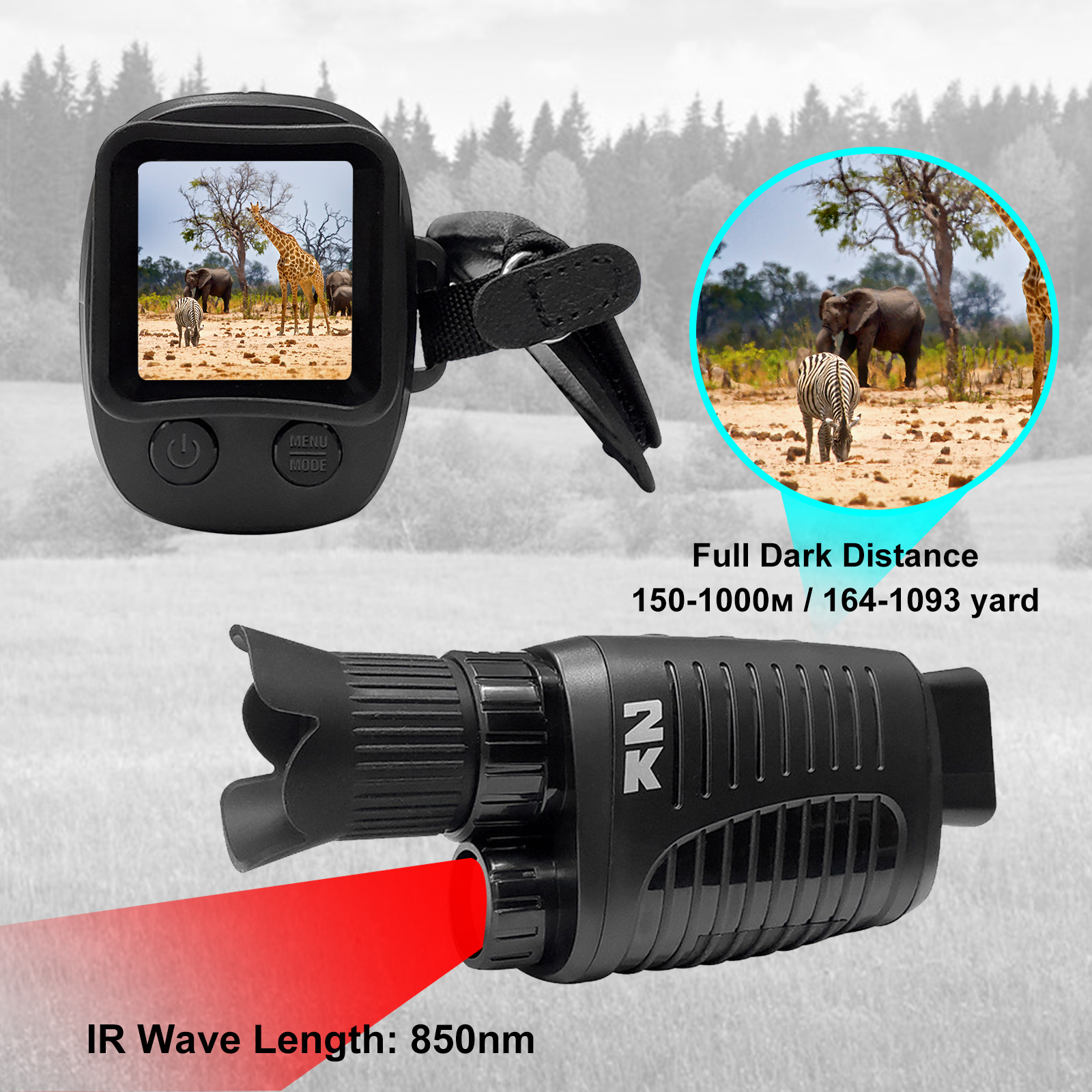 2K Monocular 5X Digital Zoom Digital High Definition Infrared Night Vision Telescope with 1.5'' Display Screen Night Vision