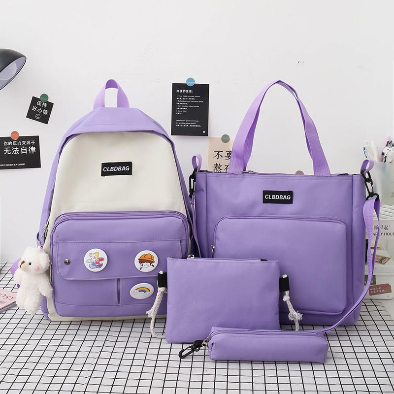 Kawaii 4 delar set skolväskor för tonårsflickor canvas resväska kvinnor bokväskor student skolväska ryggsäck mochila: Lila