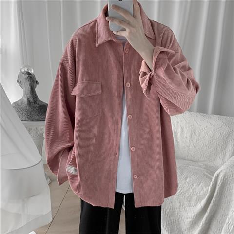Chemise en velours côtelé à manches longues pour homme, surdimensionnée, décontractée, coréenne, automne: Pink / M