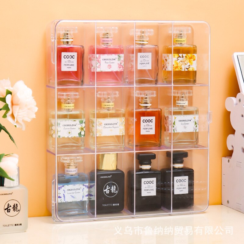 Split Grid Perfume Storage Box Display Cabinet Desktop Dustproof Box with Door Transparent Enlarged Nail Polish Storage Box