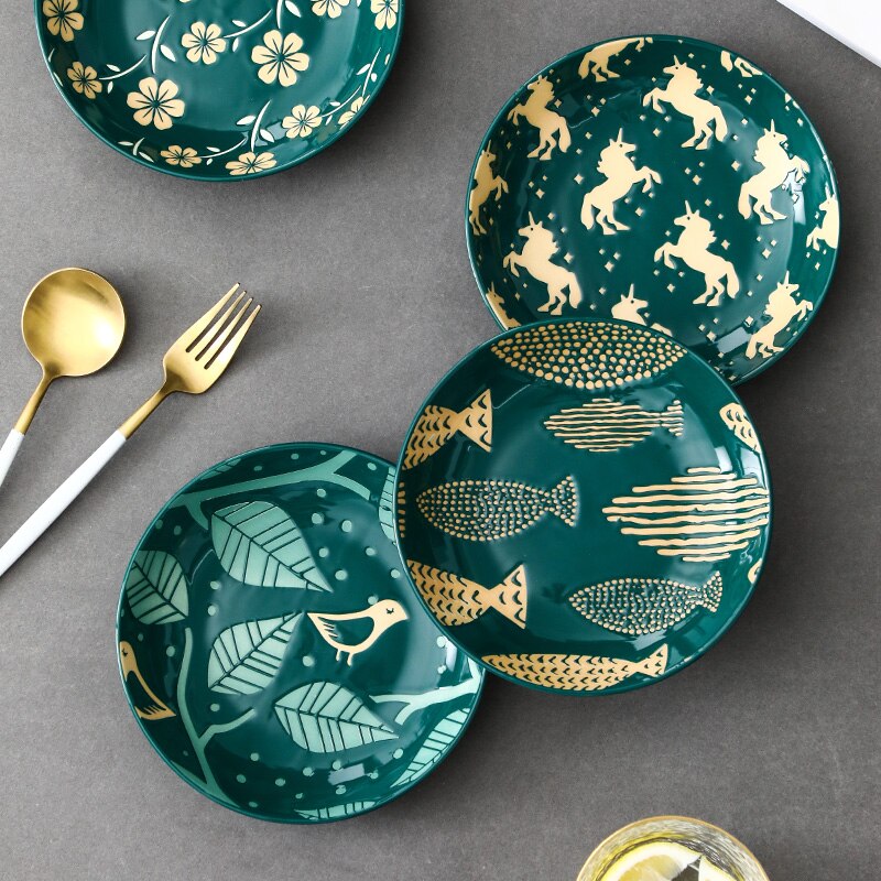 7 inch Ceramic Deep Plate Japanese Style Relief Plat Seramik Steak Dishes Flat Deep Plate Breakfast Dish Household Tableware