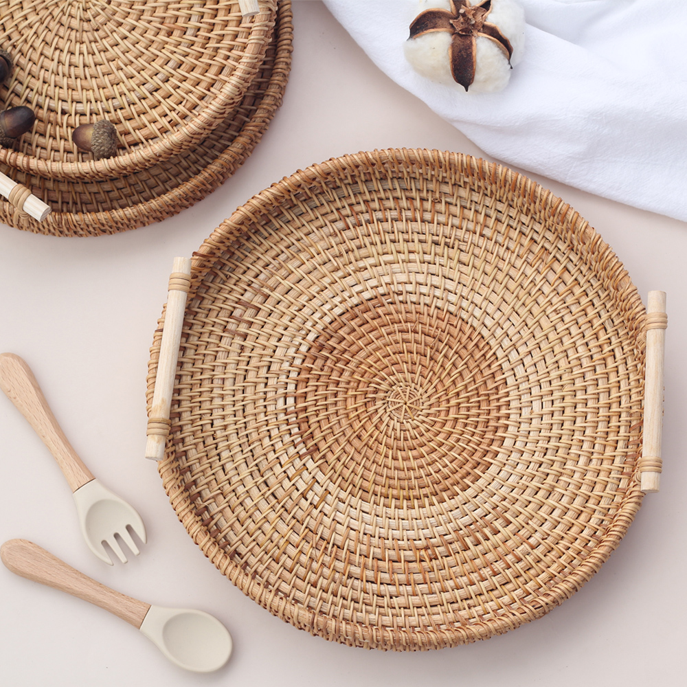 Ronde Rotan Lade Brood Mand Fruit Taart Plaat Dienblad Houten Storag Servies Rieten Trays Met Handvat Decoratie