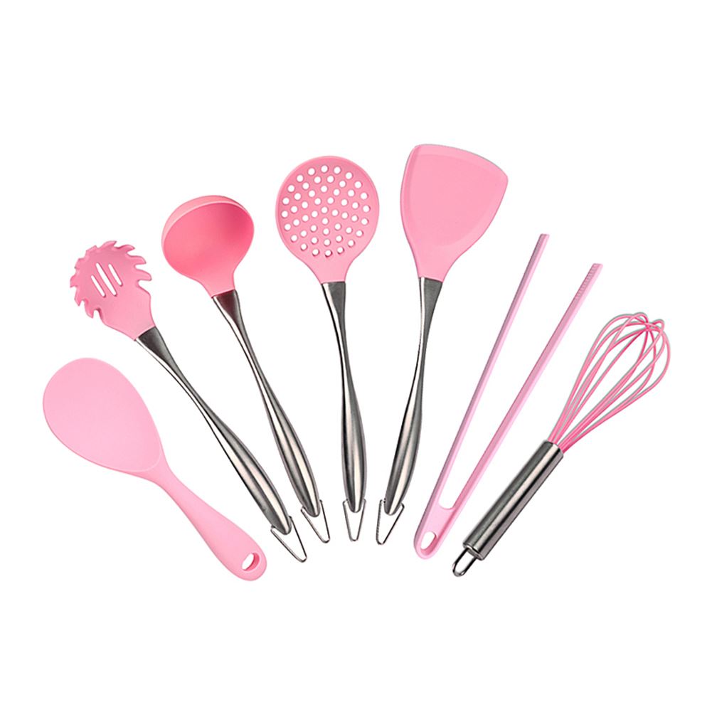 7 Stck Rosa Silikon Kochen Utensilien einstellen Edelstahl Griff Geschirr Geschirr Geschirr Wärme beständig Küche Werkzeuge: E