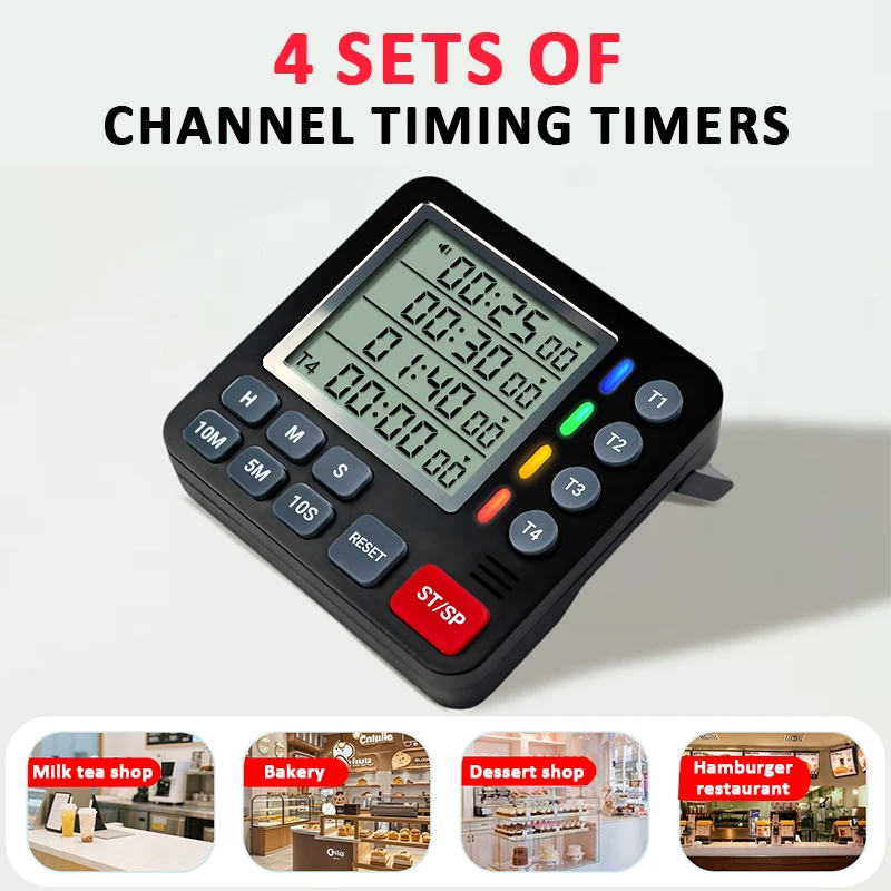 4 Channels Digital Kitchen Timer Count UP/Down Timer 4 Indicator Lights Cooking Timer Loud/Mute Flashing Timer with Magnet Stand