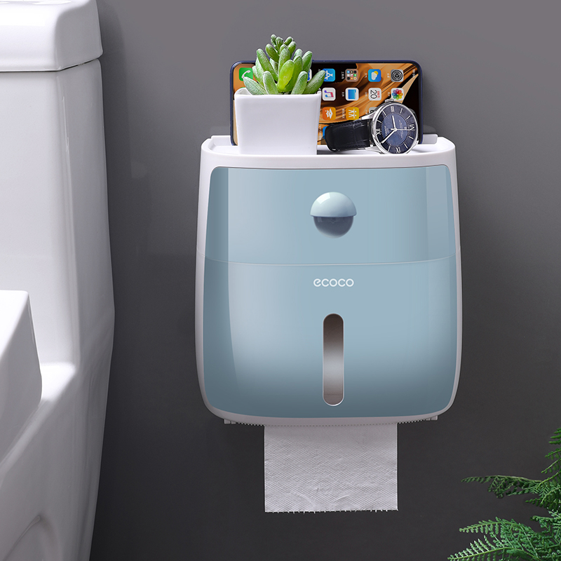 Baispo dobbeltlag toiletpapirholder vandtæt opbevaringsboks vægmonteret toiletrulle dispenser bærbare toiletpapirholdere: Blå