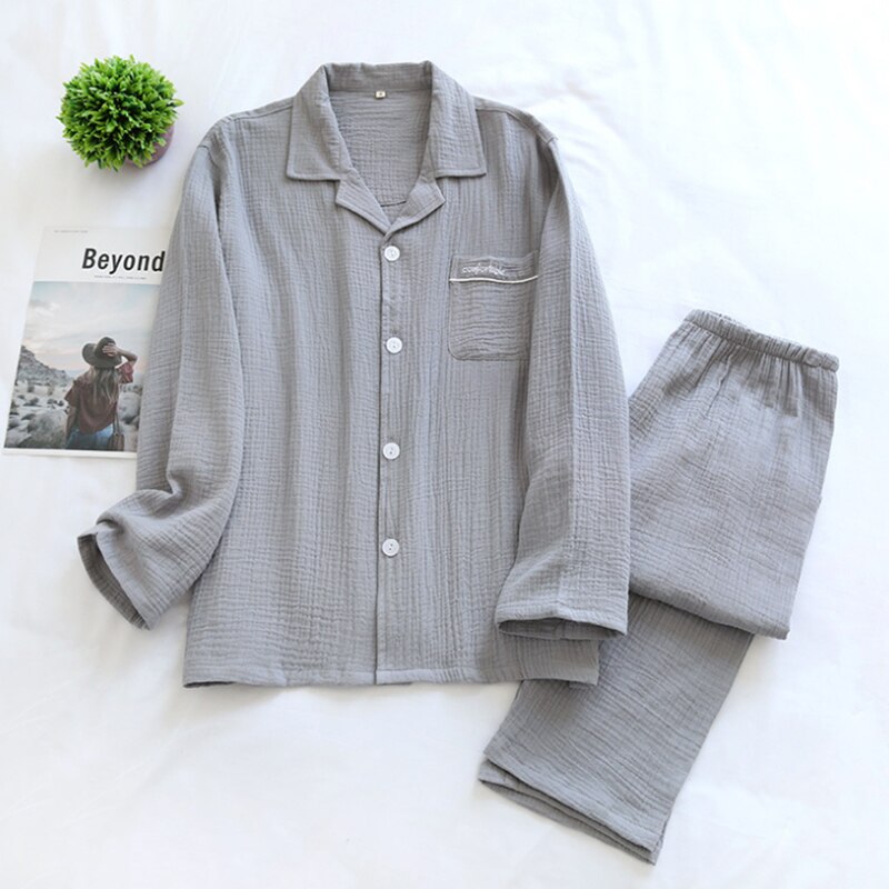 Pyjama en gaze et crêpe pour homme, vêtement de nuit en coton, couleur unie, taille élastique, grande taille, collection automne et hiver: gray / XL