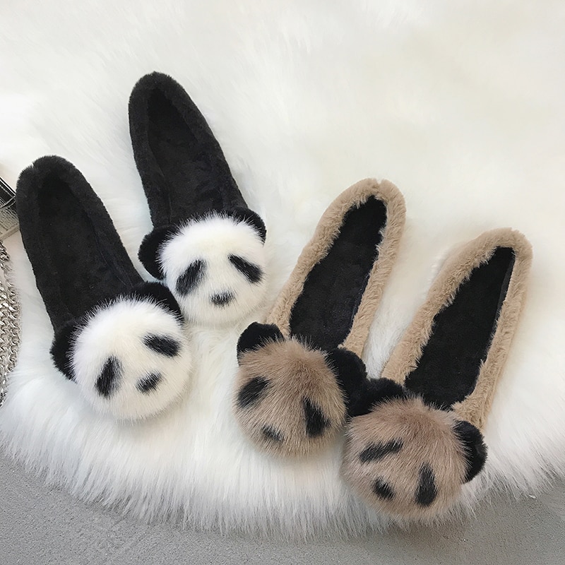 Plus size 35-43 fuskepels kvinner loafers panda plysj slip on flate sko kvinne båtsko leiligheter dyrepels varm damesko 6865