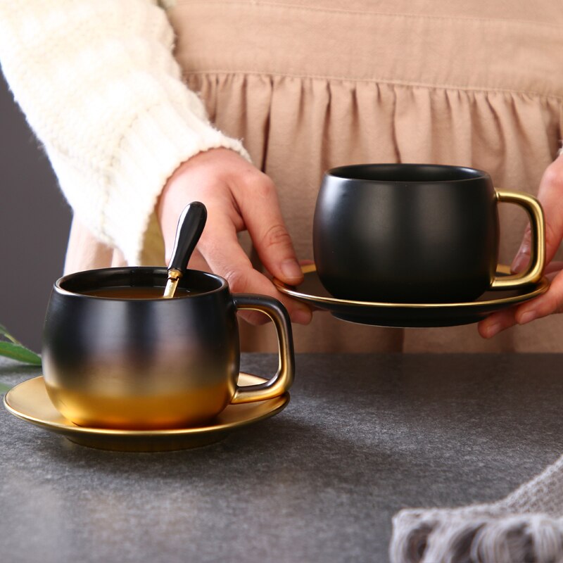 Luksus mat sort guld keramik kaffekop og underkop engelsk eftermiddagste sæt ædel espresso 280ml