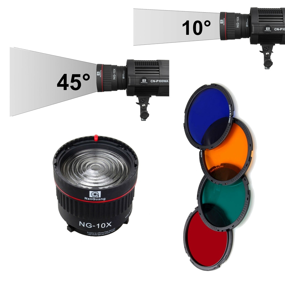 Nangmei NG-10X lente de foco com 4 filtros coloridos, montagem de bowens para flash e acessórios fotográficos com luz de led
