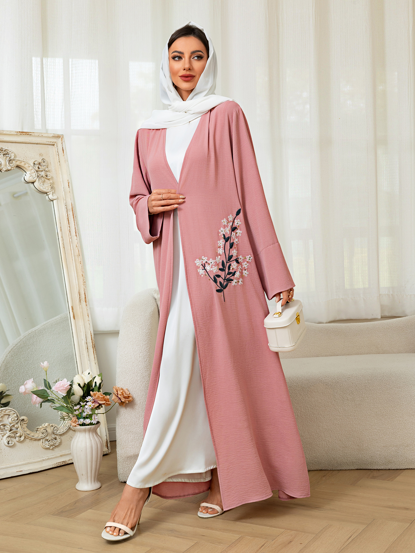 Roze geborduurd lang gewaad dames bescheiden islamitische jurk Abaya Kaftan uitloper lange mouw losse Arabische moslim Dubai Marokkaanse