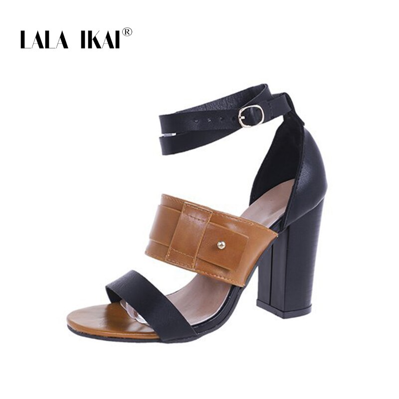 LALA IKAI-Zapatos de tacón alto con hebilla para mujer, sandalias con correa, Punta abierta, talla grande, novedad de verano: Brown / 35