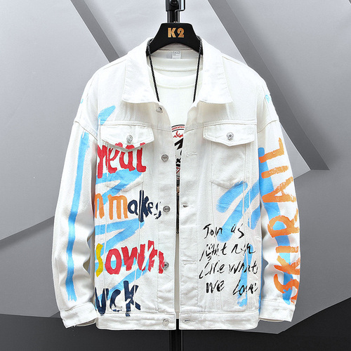 2022 nowa hip-hopowa nadrukowana moda jeansowa kurtka męska bawełna casualowe w stylu Streetwear krótki styl luźny dżins kurtka płaszcz mężczyźni kurtka wiosenna: A195 white / Asian XL is Eur M