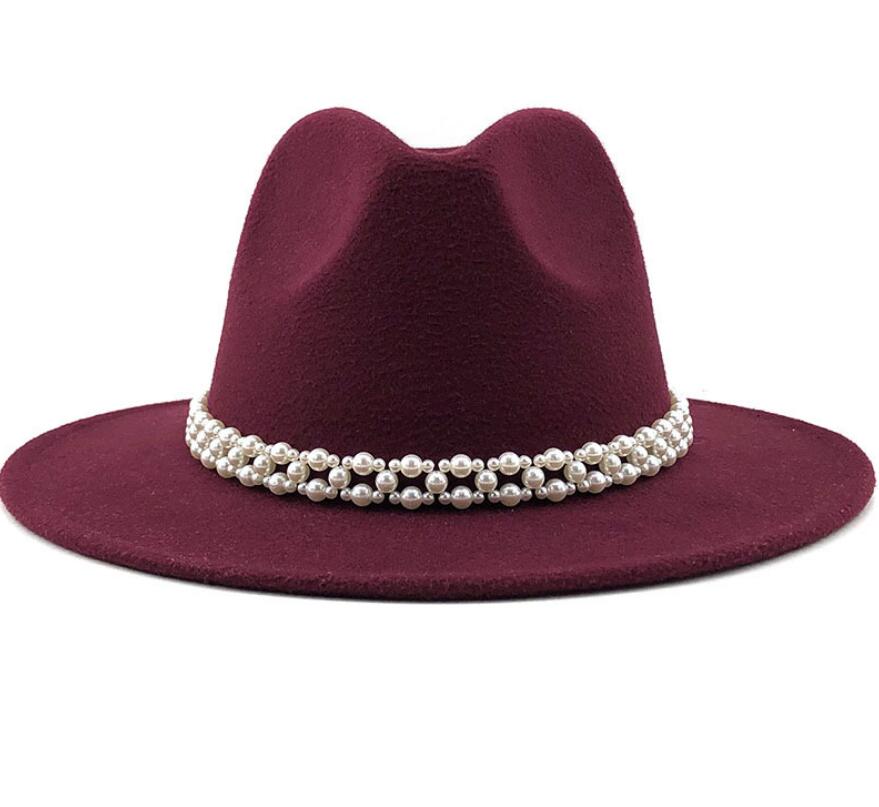 Women Wool Fedora Hat with Imitation Pearl Ribbon Gentleman Lady Winter Autumn Wide Brim Church Girl Jazz Cap: WYH-4957-7