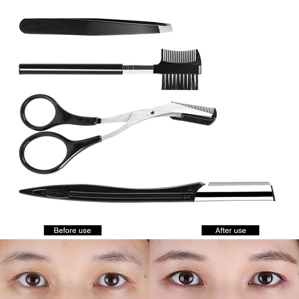 4 stuks wenkbrauwtrimmerset, kam, schaar met scheermes, epilator, gezichtsborstel, pincet, make-uptool, roestvrij staal, draagbare clip
