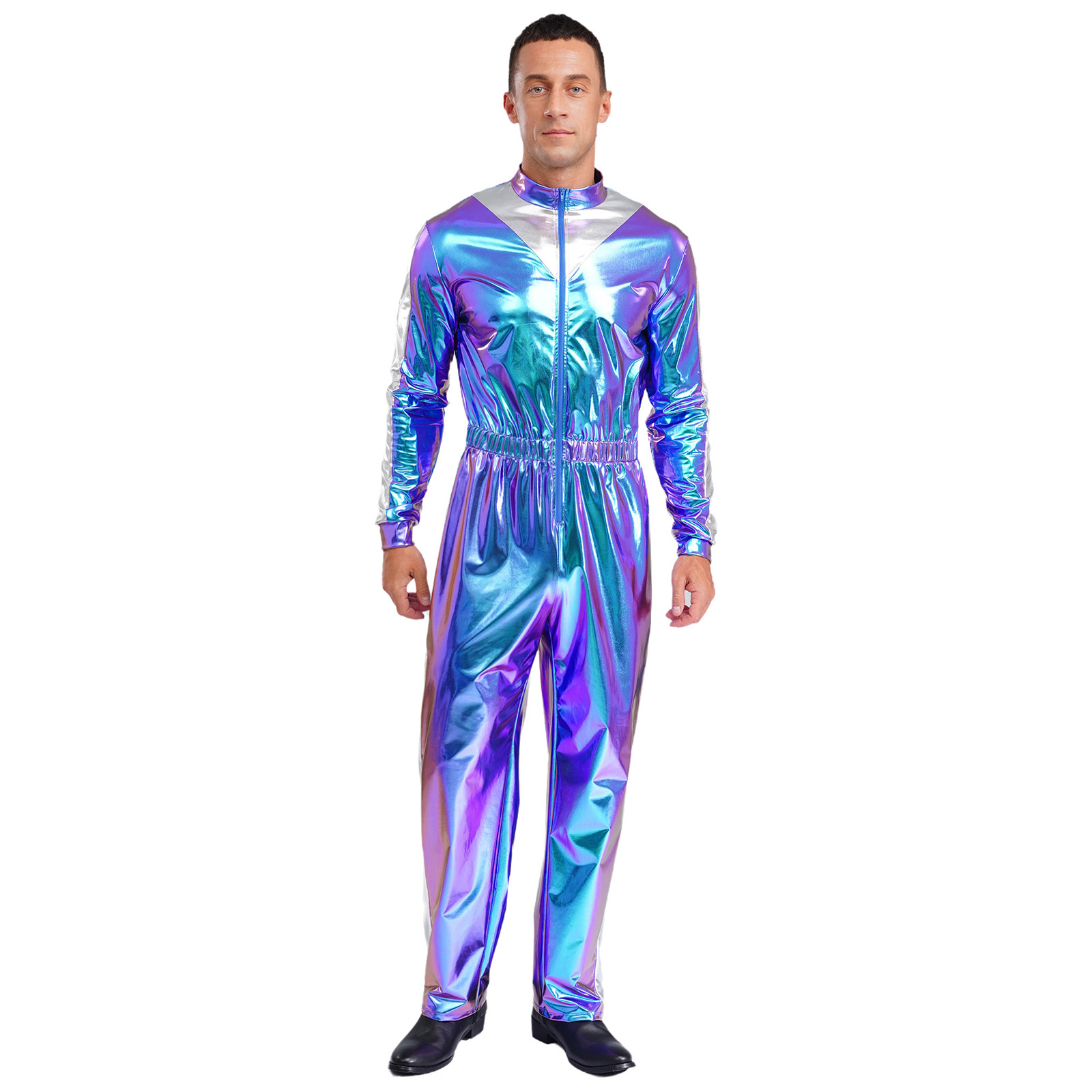 Mens Sparkly Shiny Astronaut Alien Outer Space Cosplay Costume Long Sleeves Unitards Jumpsuit Rave Club Wear Spaceman Outfits