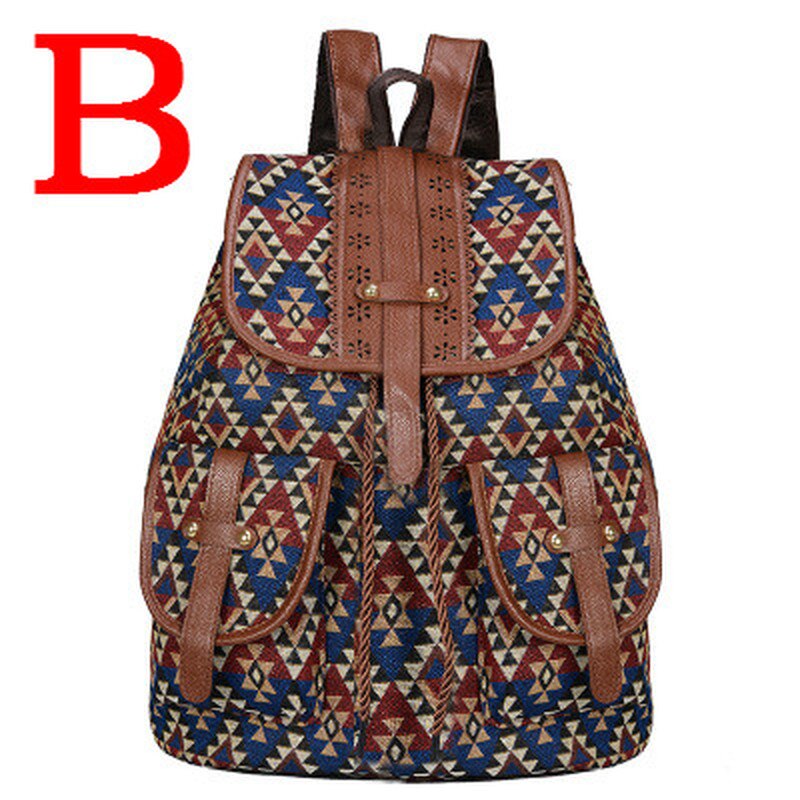 Kvinder lærred vintage rygsæk etniske rygsække trykt rejse rygsæk skoletaske: B