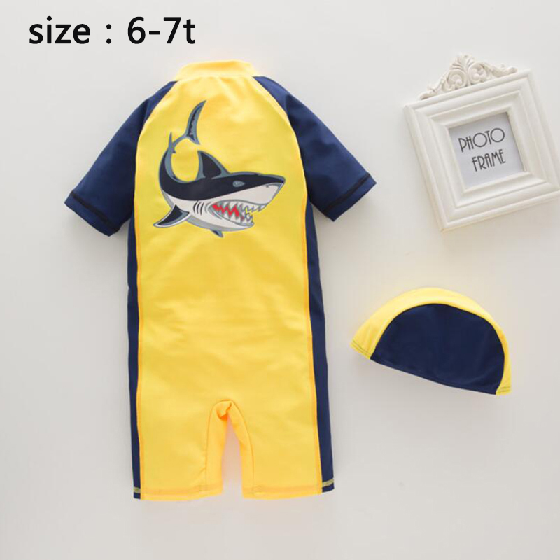 Roupa de banho de manga curta para meninos, roupa de banho casual infantil com design de tubarão, 2 a 7 anos: size 6-7