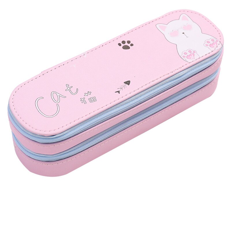 double Pencil CaseLarge Capacity School Pen Case Supplies Pencil Bag School Box Pencils Pouch Stationery: pink cat