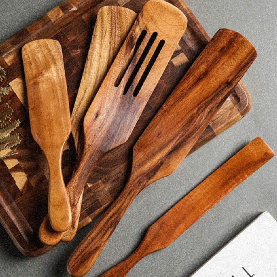 Wooden Kitchen Utensil Set, Kitchen Sets Non-Stick Wooden Cooking Utensils Spatula Slotted Spurtle Spatula Sets Wood Cookware