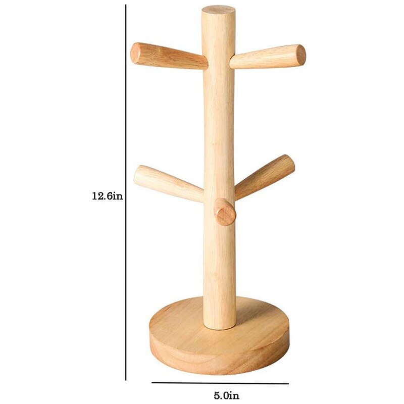 Wooden Mug Tree Holder with 6 Hooks, Mug Rack Display Stand Cups Organizer Dryer, Tea Coffee Cup Mug Hooks