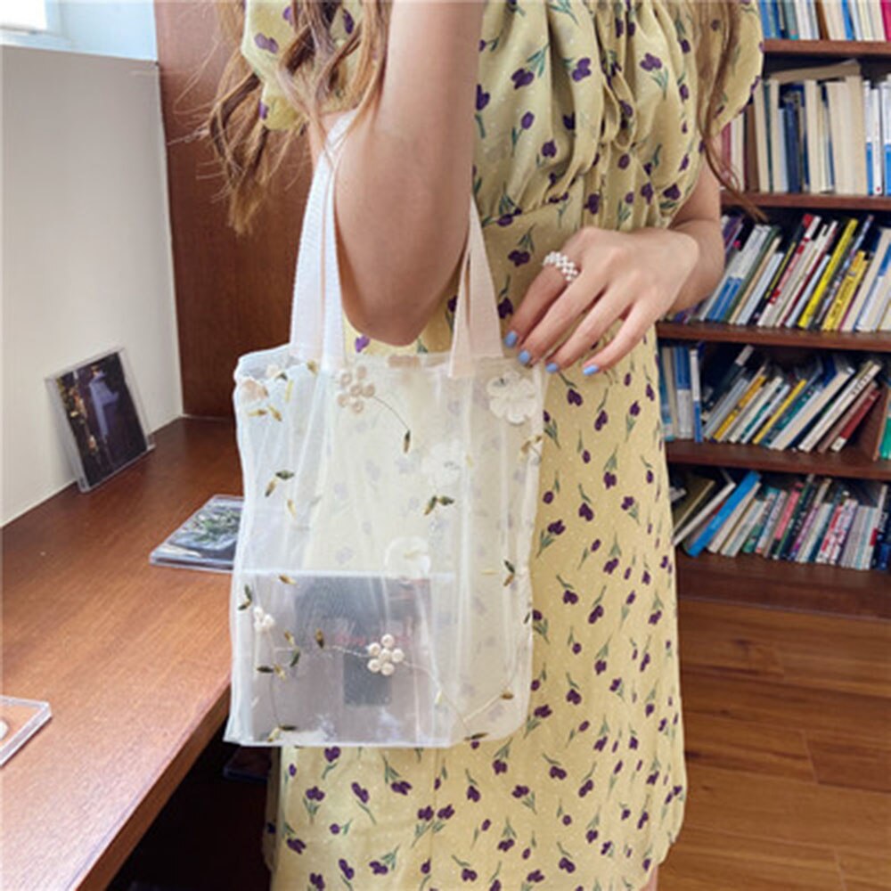 3D Geborduurd Draagbare Boodschappentas Doorschijnende Kleine Mesh Bag Herbruikbare Opvouwbaar Eco Grocery Totes Vrouwen Clear Storage Handtas: White