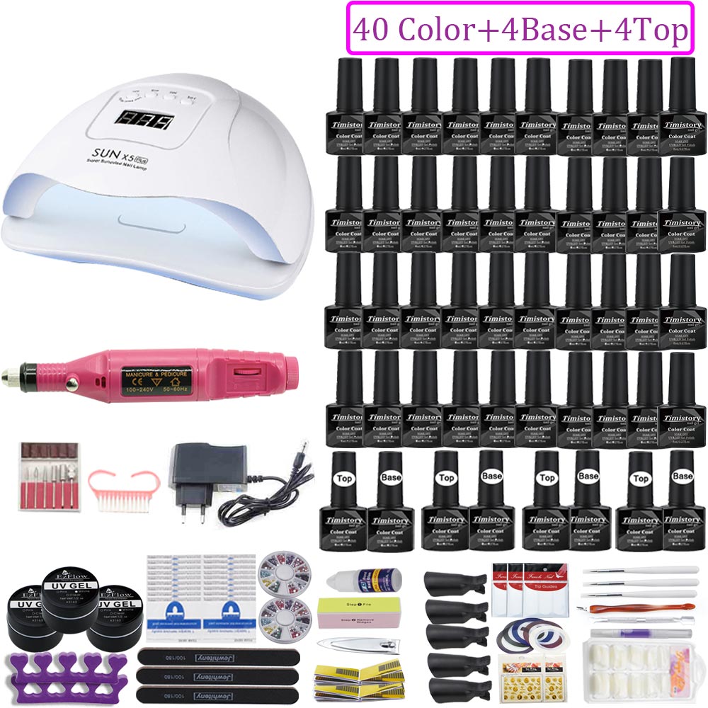 UV LED Lamp Nail Set Acrylic Kit 40&20 Colors Nail Gel Polish Manicure Set With 35000/20000 RPM Nail Drill Machine Nail Art Tool: X5-40GEL-mini
