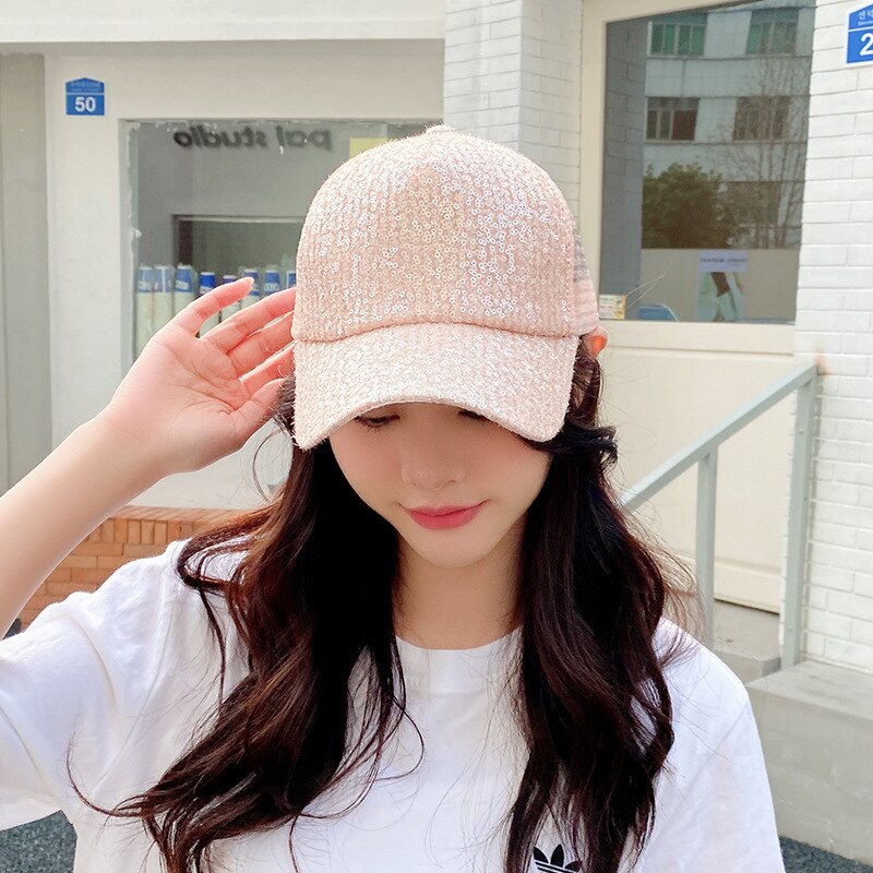 Gorra de béisbol de malla transpirable para mujer, gorro con lentejuelas, parasol, sombreros de Sol para viajes al aire libre, visera ajustable