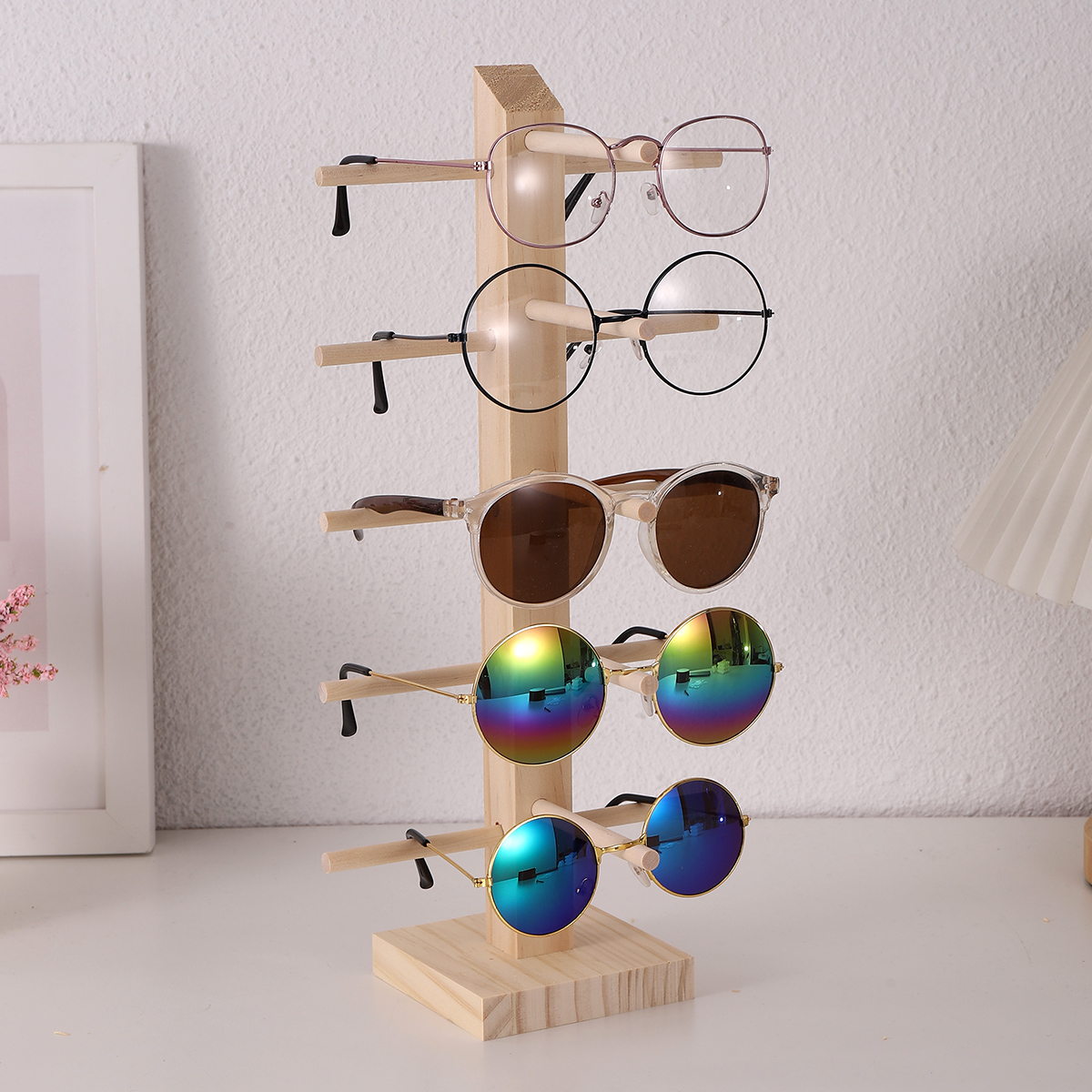 Estantes de exhibición de gafas de sol de madera multicapa, soporte de exhibición para gafas, soporte de joyería para múltiples pares, escaparate de gafas para mujer