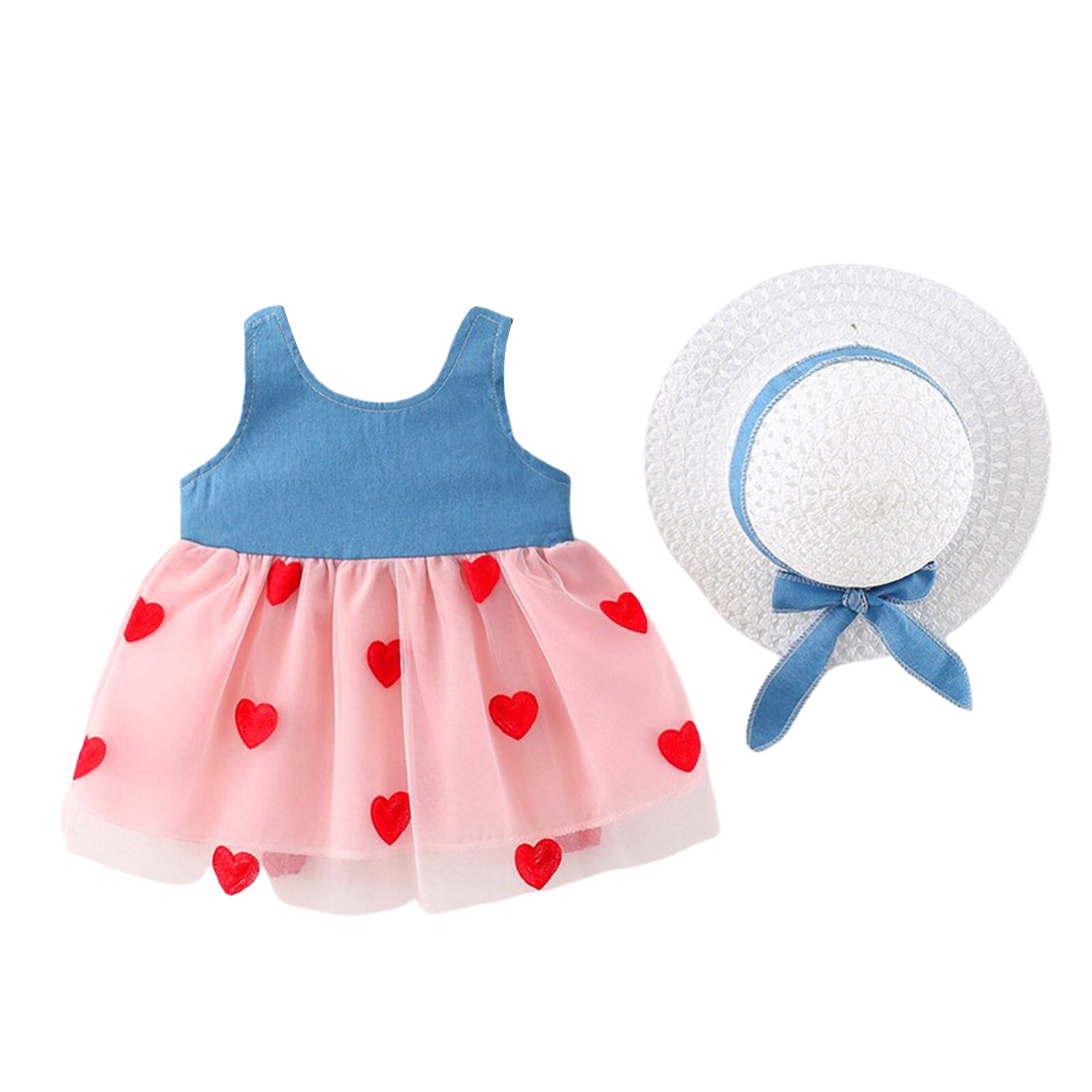 Abito estivo per bambine, ricamo a cuore fiocco decorazione maglia impunture Denim senza maniche bretella gonna principessa + cappello di paglia