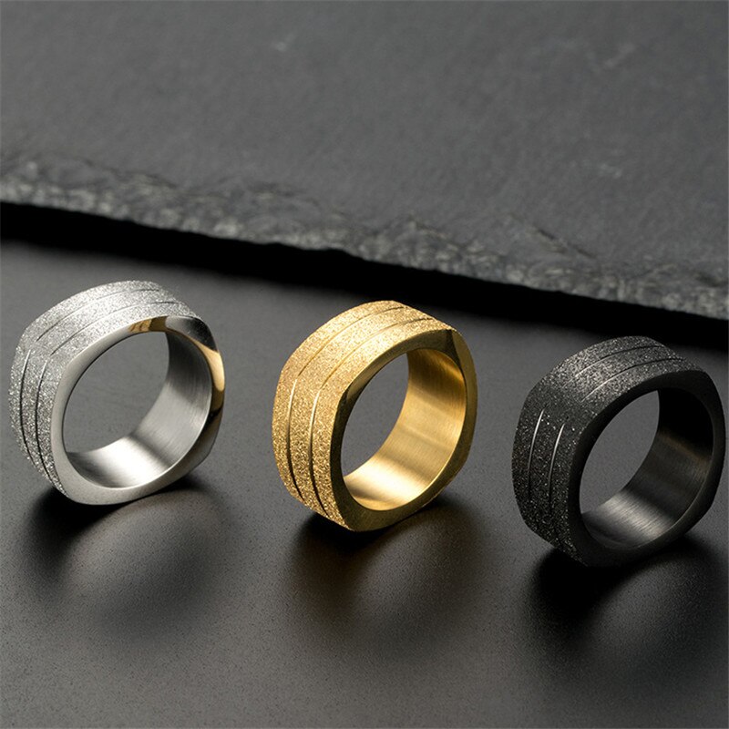 Pearl sand black/gold/silver color male fingers ring domineering square gold stainless steel ring for man accessories male jewel