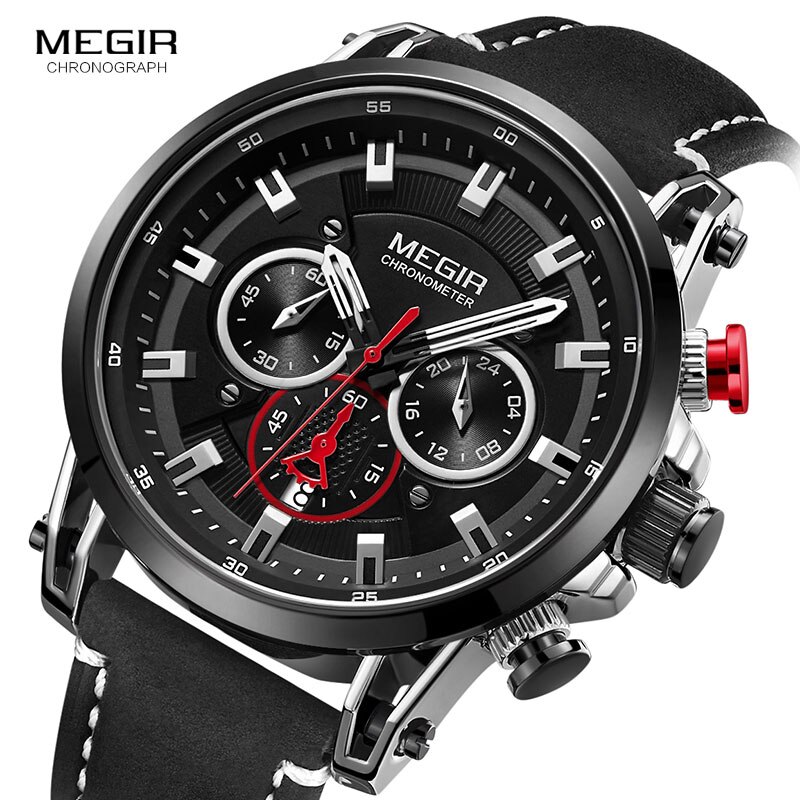 Megir Mannen 24 Uur Quartz Horloges Lederen Band Chronograaf 3atm Waterdicht Army Horloge Man Relogios Masculino 2085 Zwart