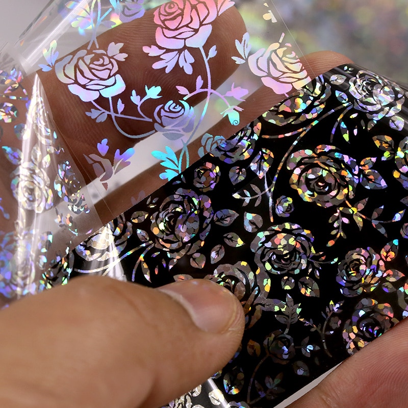 4*100cm Holografische Nail Folie 3D DIY Rose Bloem Manicure Nail Art Transfer Starry Sticker Nail Decoraties Accessoires
