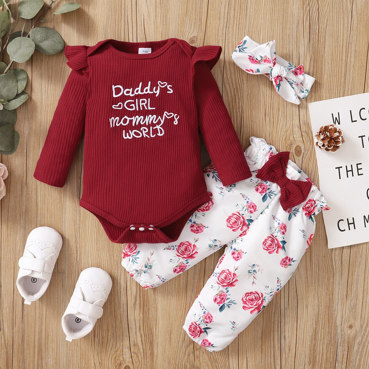Prowow 0-12m neugeborenen-mädchen-kleidungsset, gestrickter strampler mit buchstabenprint + geblümte Schlauch mit schleife + stirnband, frühlings-babykleidungsoutfits: verrotten / 9-12m