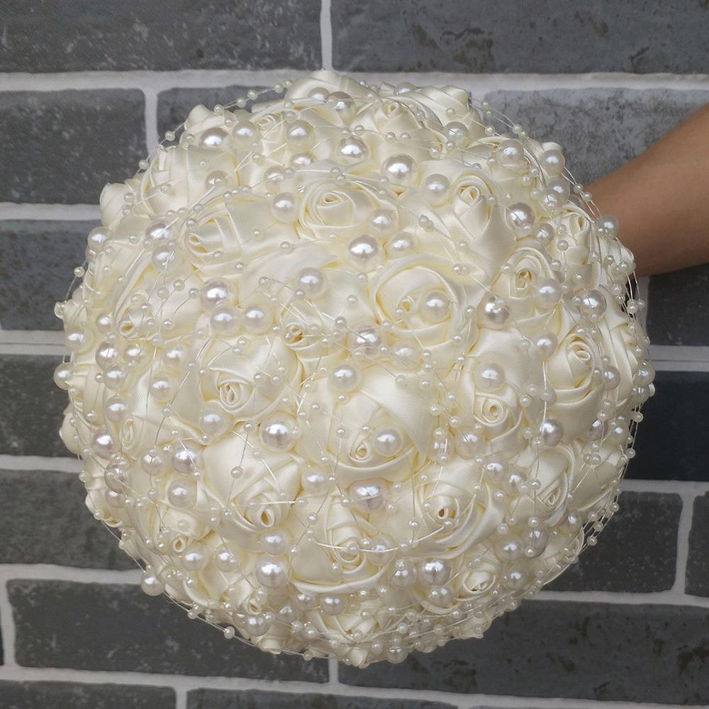 Pearls Beaded Bridal Bouquet Bridesmaid Wedding Flowers With Ribbon Ivory Rose Stunning